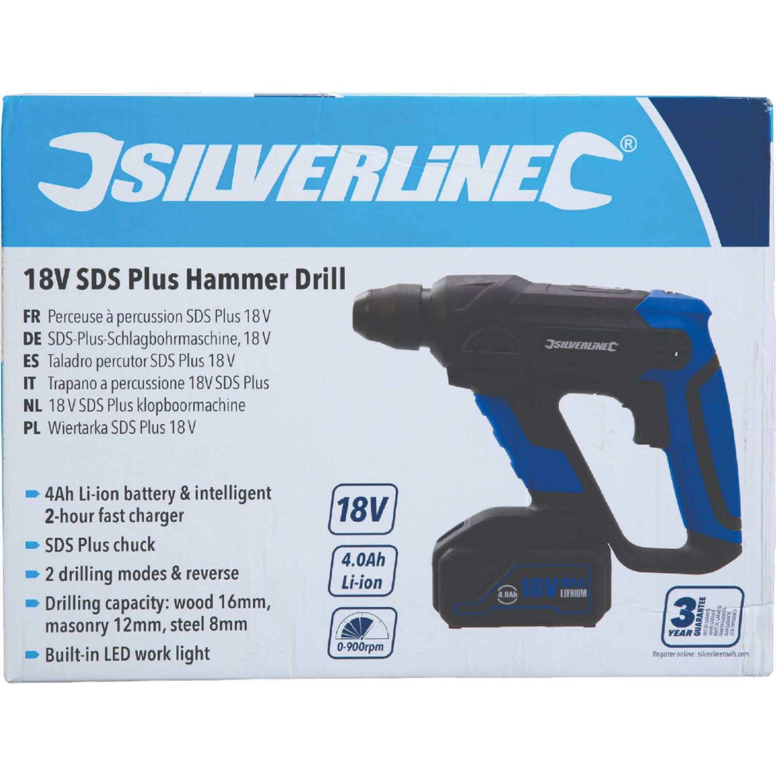 Silverline 18V Cordless Electric SDS Plus Hammer Drill 4Ah Li-ion battery