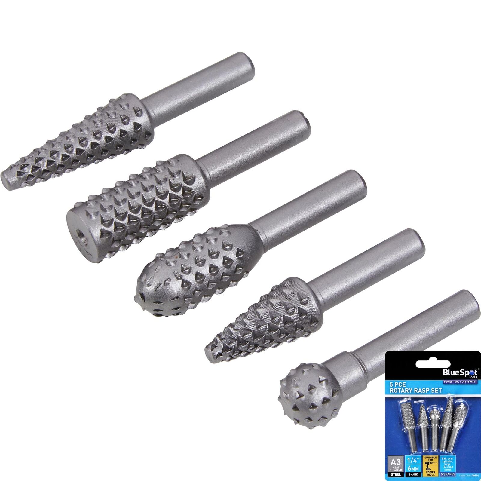 BlueSpot 5pc Rotary Burr Set Rasp Drill Bits Wooden Carving Grinding P ...