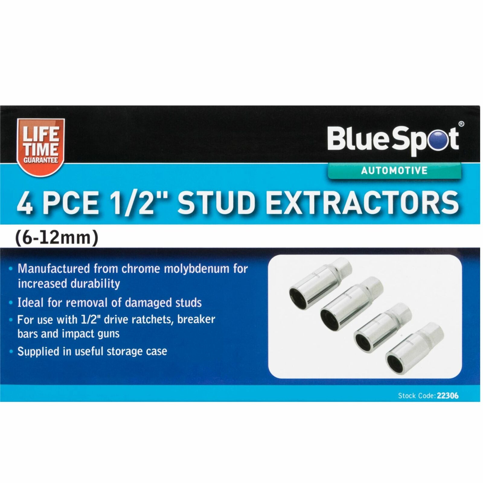 Bluespot 4pc Stud Extractor Remover Socket Set 1/2'' Drive Removing Broken Studs