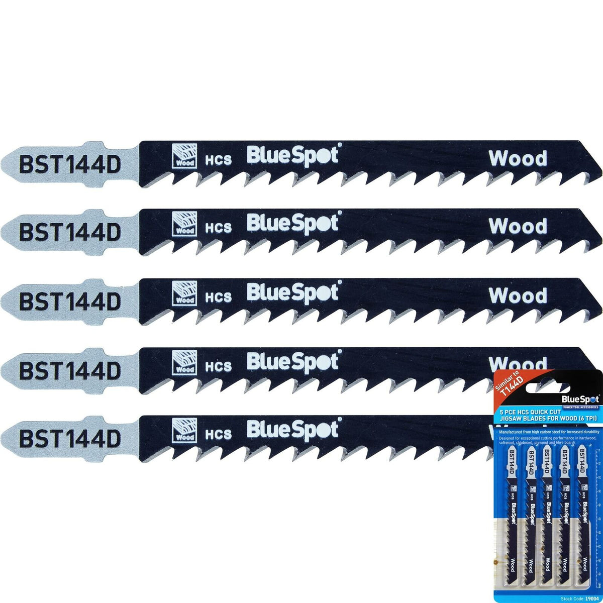 BlueSpot 5pc Jigsaw Blade Set T Shank Clean Fast Cut Blades For Wood 6 TPI