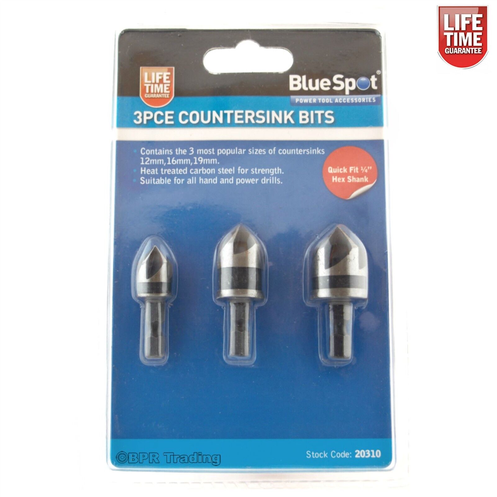 BlueSpot 3pc 1/4" Hex 12 - 19mm Countersink Bit Bore Set Wood Metal Impact Drill