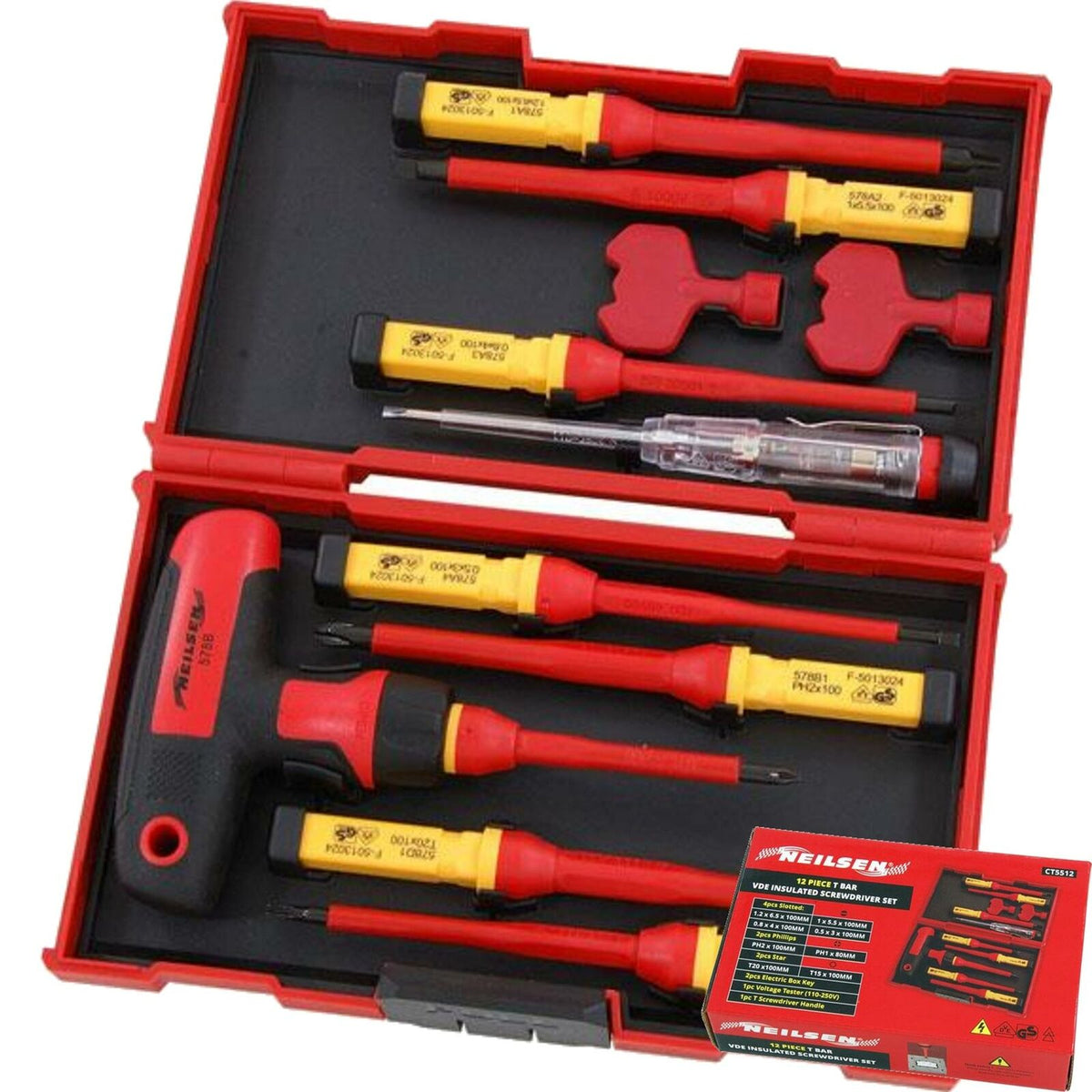 Neilsen 12pc Vde Insulated T Bar Pozi Flat Slotted Magnetic Tip Screwdriver Set