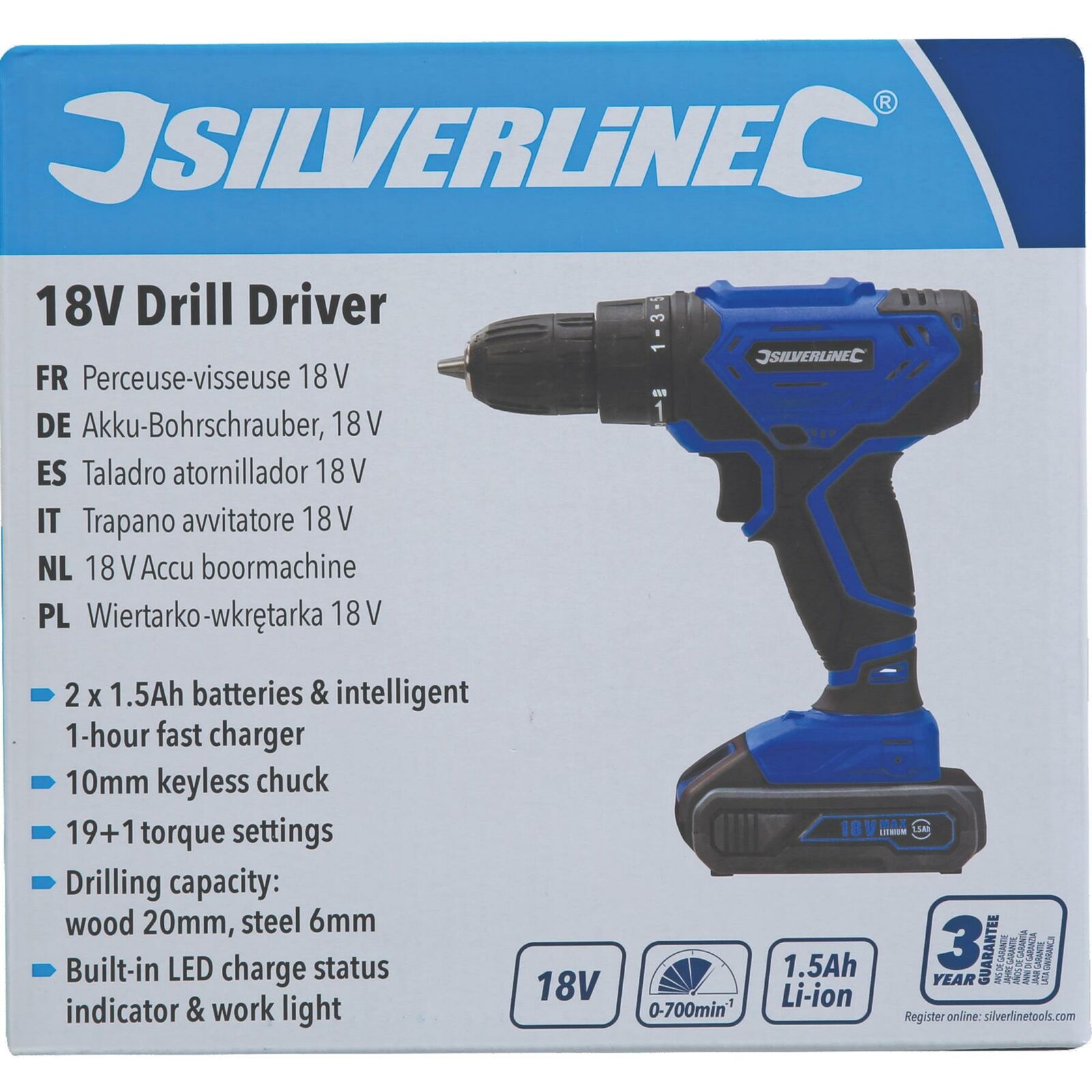 Silverline 18V Electric Drill Driver Screwdriver Keyless Chuck Li-Ion Battery