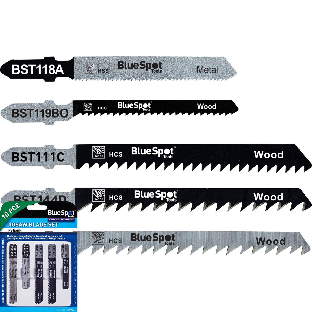 BlueSpot 10pc Jigsaw Blade T Shank Clean Fast Cut Blades For Wood Metal Set