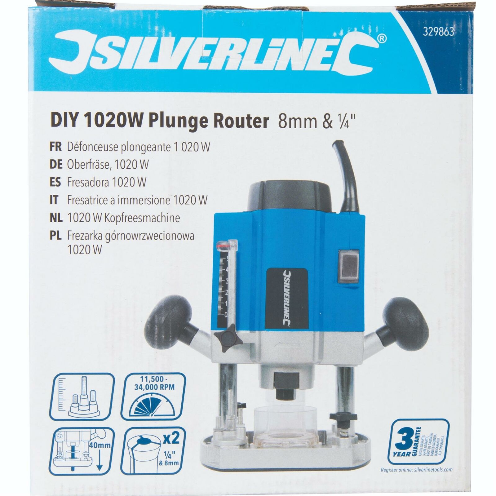 Silverline 1020W Electric Woodworking DIY Plunge Router Cutter Power Tool 1/4"