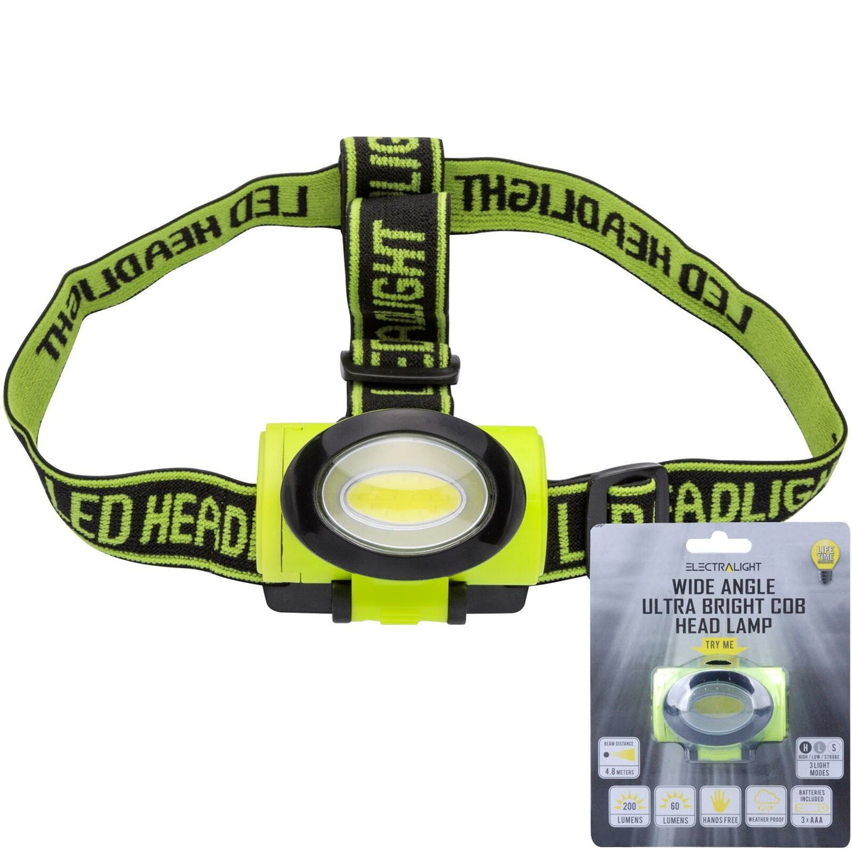 Electralight COB LED Head Torch Headlamp Light 200 Lumens With AAA Batteries