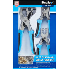 BlueSpot 3pc Revolving Leather Hole Punch And Eyelet Plier Set Puncher Belts Cut