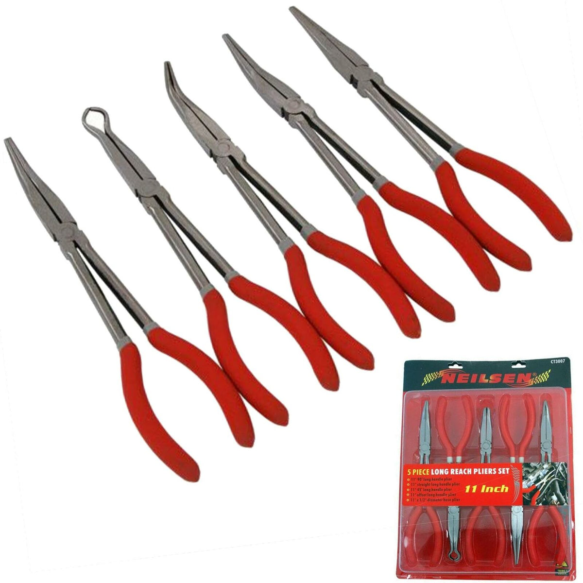 Neilsen 5pc Extra Long Reach Bent Straight Pliers Plier Soft Grip Handle Set 11"