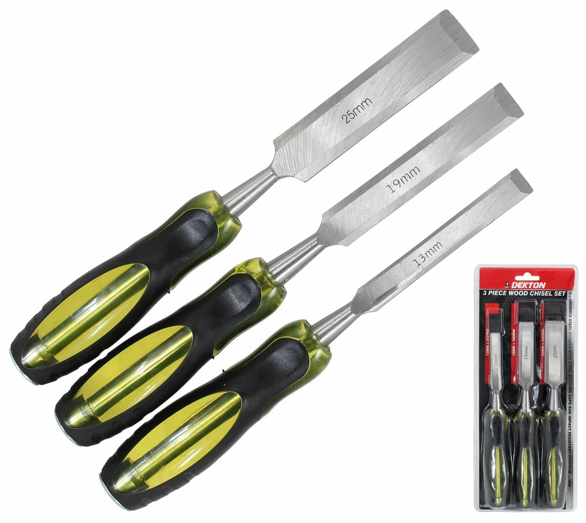 Dekton 3pc Wood Chisel Set Woodworking Carpentry Bevel Edge Cut 13mm 19mm 25mm