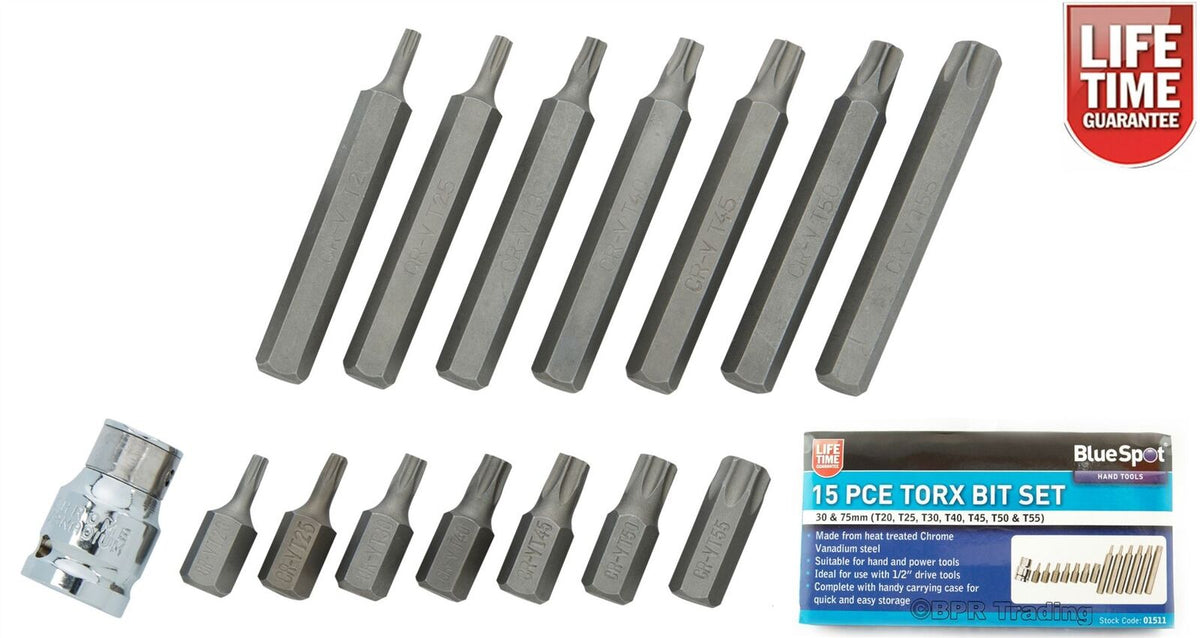 Bluespot Torx Star Keys Set 15pc 1/2" Drive Wrench Key Socket Bit Set T20 - T55