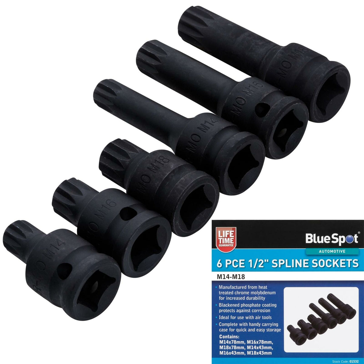 Bluespot 6pc Impact Spline Sockets Bit Set M14 M16 M18 Deep Shallow 1/2" Drive