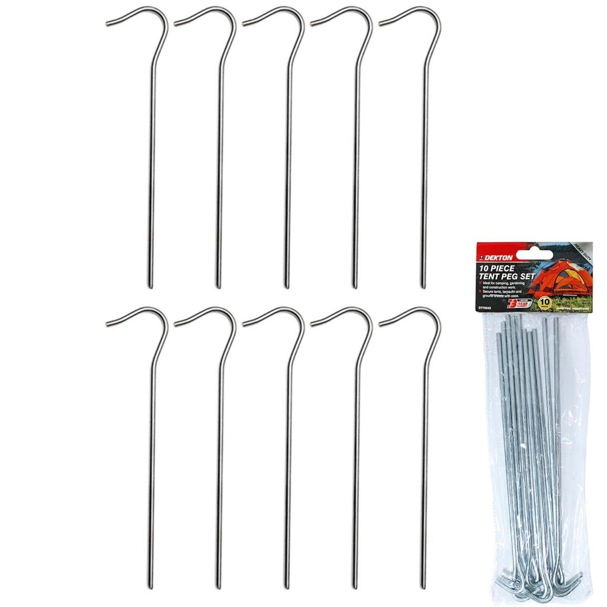 Dekton Pegs Tent Metal Ground Hooks Pins Camping Tarpaulin Gazebo Stakes 10pc