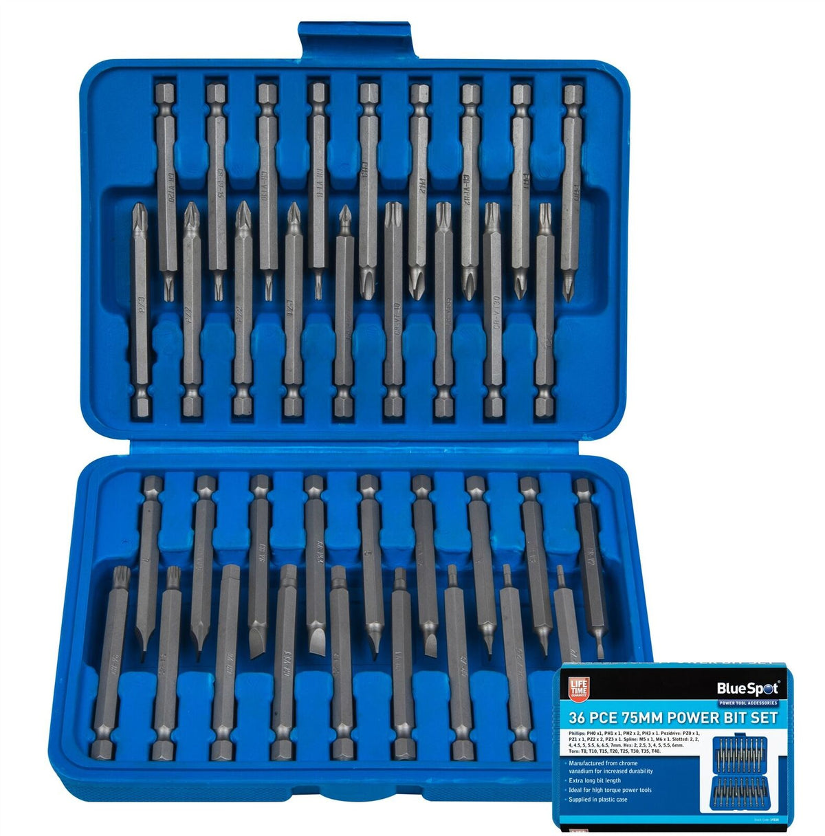 BlueSpot 36 pc 75mm Long Screwdriver Bits Set Pozi Slotted Hex Spline & Torx