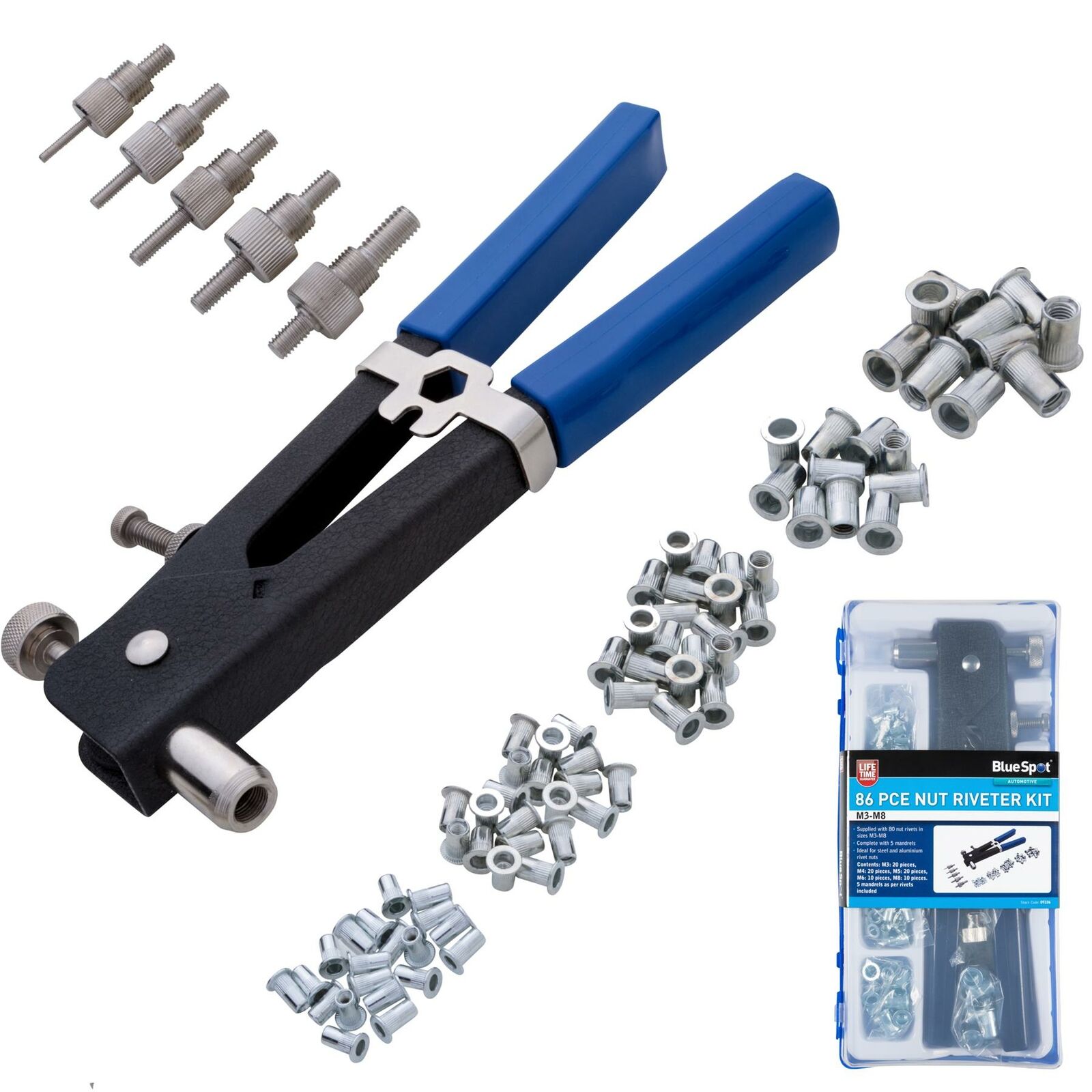 Blue Point Rivet Kit BlueSpot 86pc Threaded Rivet Nut Setting Insert Riveting Gun Rivnut To ...