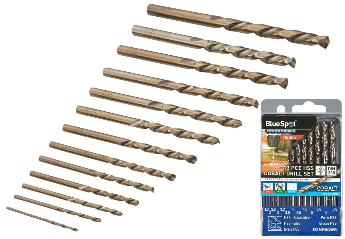 Bluespot 13 Pc Cobalt HSS Twist Drill Bits 1.5mm To 6.5mm Set Metal Wood Plastic