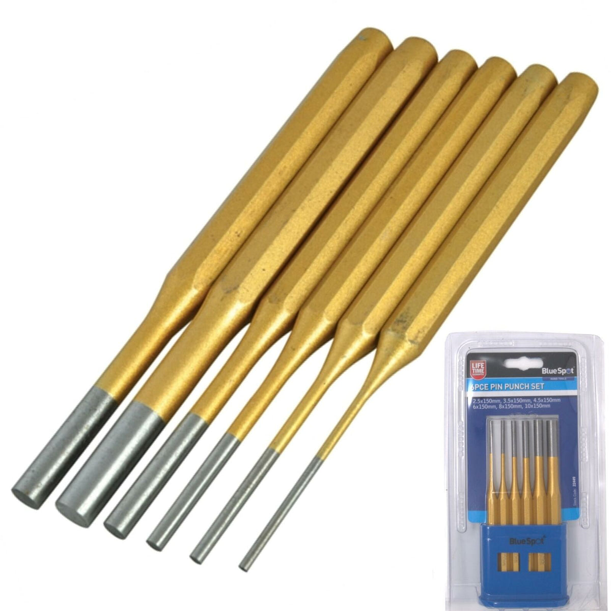 BlueSpot 6pce Gold Pin Punch Set Hand Tools Mechanical Metal Holes Drill Punches