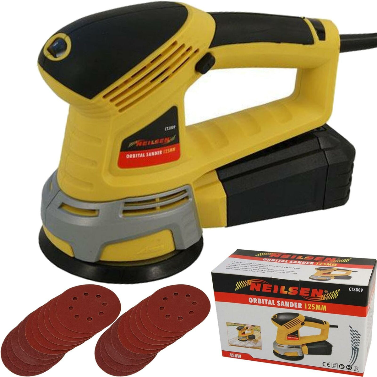 Neilsen Electric Random Orbital Palm Sander With 10 Sanding Sheets 125mm 450w