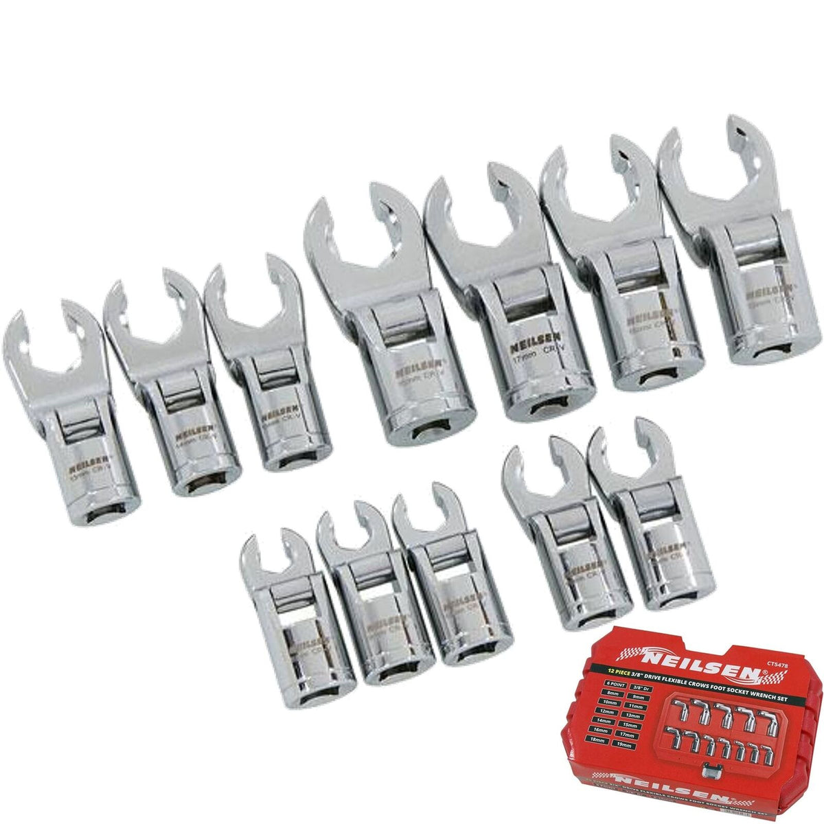 Neilsen 12pc Crows Foot Feet Socket Wrench Spanner Set 3/8" Metric Crow 8mm-19mm