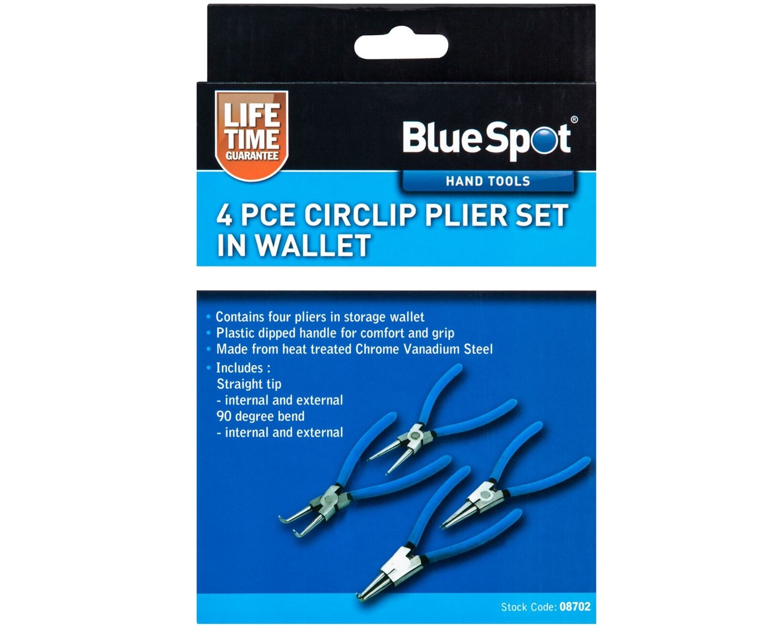 Bluespot 4pc Circlip Snap Ring Pliers Internal External Bent Straight Plier Set