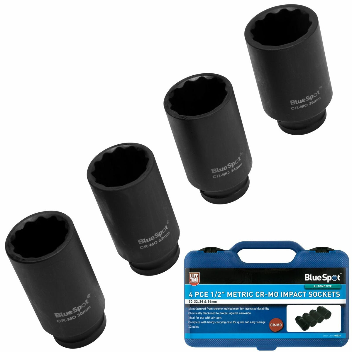 BlueSpot 4pc Metric Deep Impact Socket Set 30, 32, 34 & 36mm 1/2" Drive 12 Point