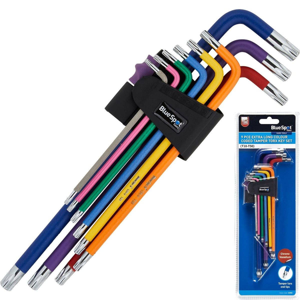 BlueSpot Extra Long Colour Coded Ball End Metric Hex Key Set 9pc T10-T50