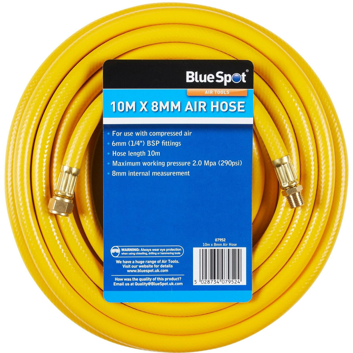 BlueSpot Rubber Air Hose Line 10m For Air Compressor 1/4" BSP 8mm Bore 290 psi