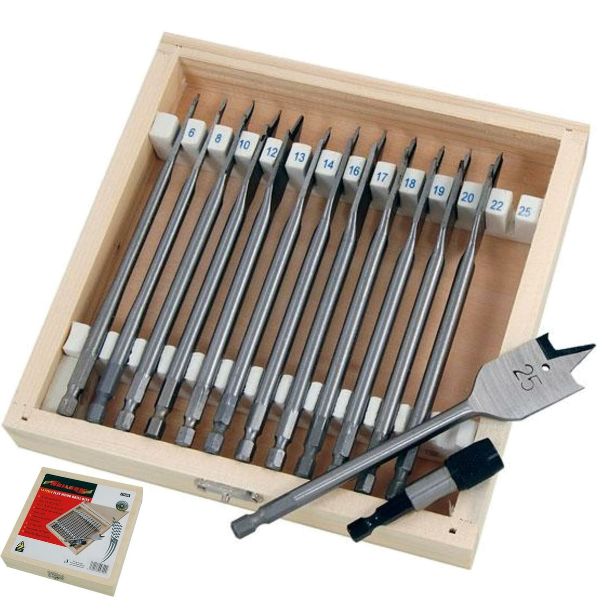 Neilsen 14pc Spade Hole Saw Flat Wood Drill Bit Set With Adaptor 6mm - 25mm