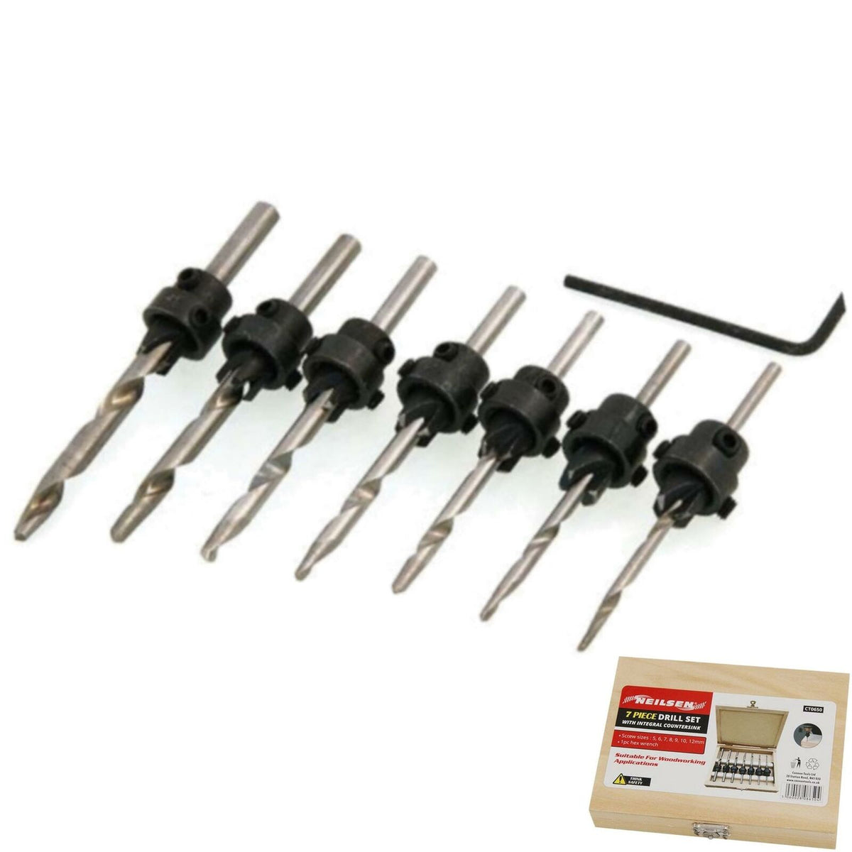 Neilsen 7pc Countersink Carpentry Woodworking Drill Bit Set With Wooden Case
