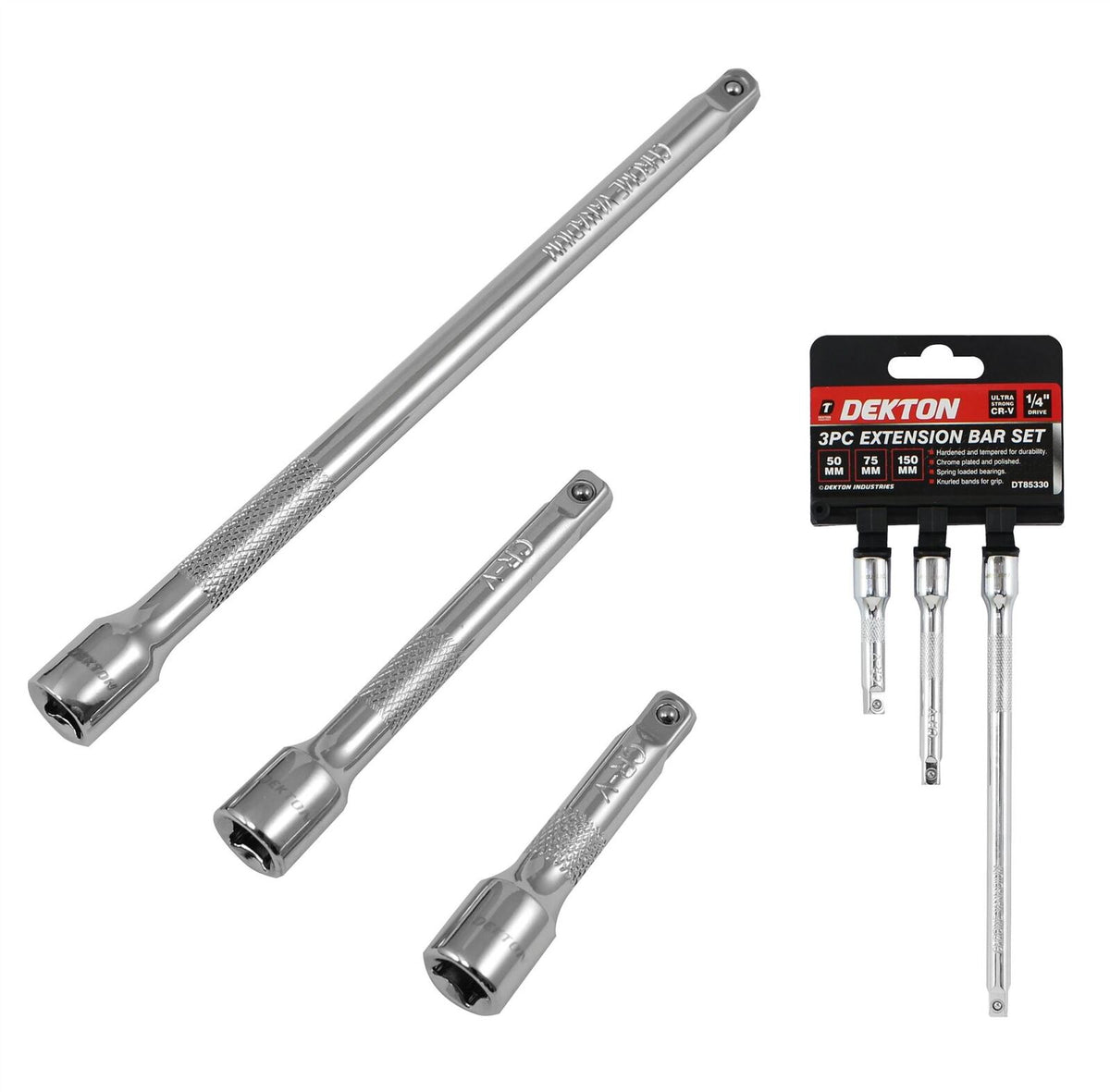 Dekton 3pc Socket Extension Bar Set 1/4 Ratchet Drive 50, 75 & 150mm Long Tool