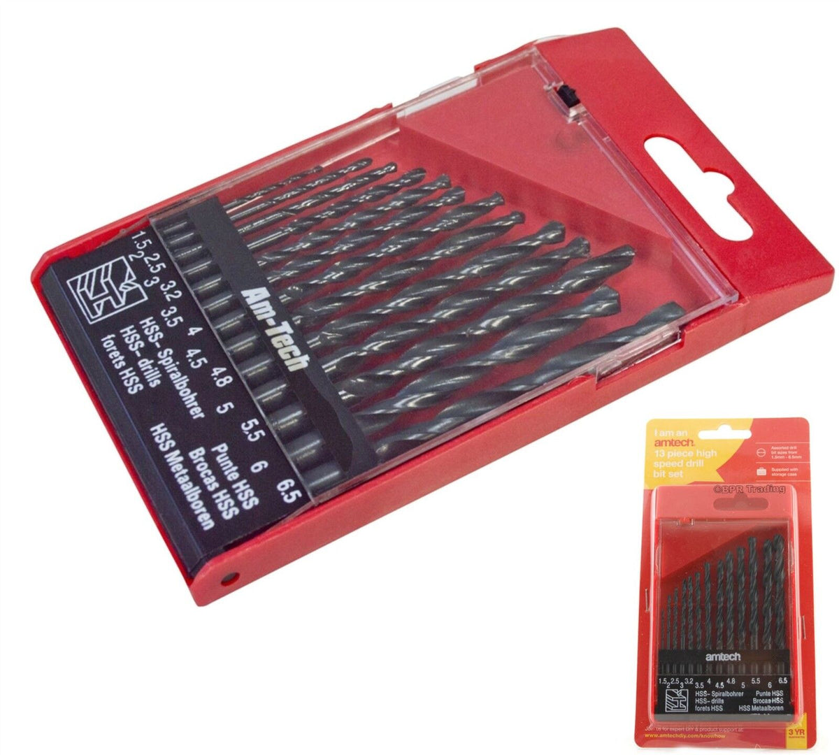 Amtech 13Pc HSS Drill Bit Set Plastic Wood Metal 1.5mm - 6.5mm In Case Box