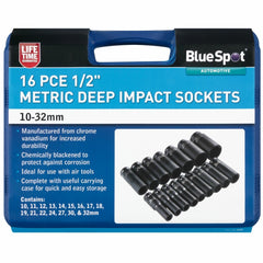 BlueSpot 16pc Deep Impact Socket Set 10mm - 32mm 1/2" Drive Metric 6pt Sockets