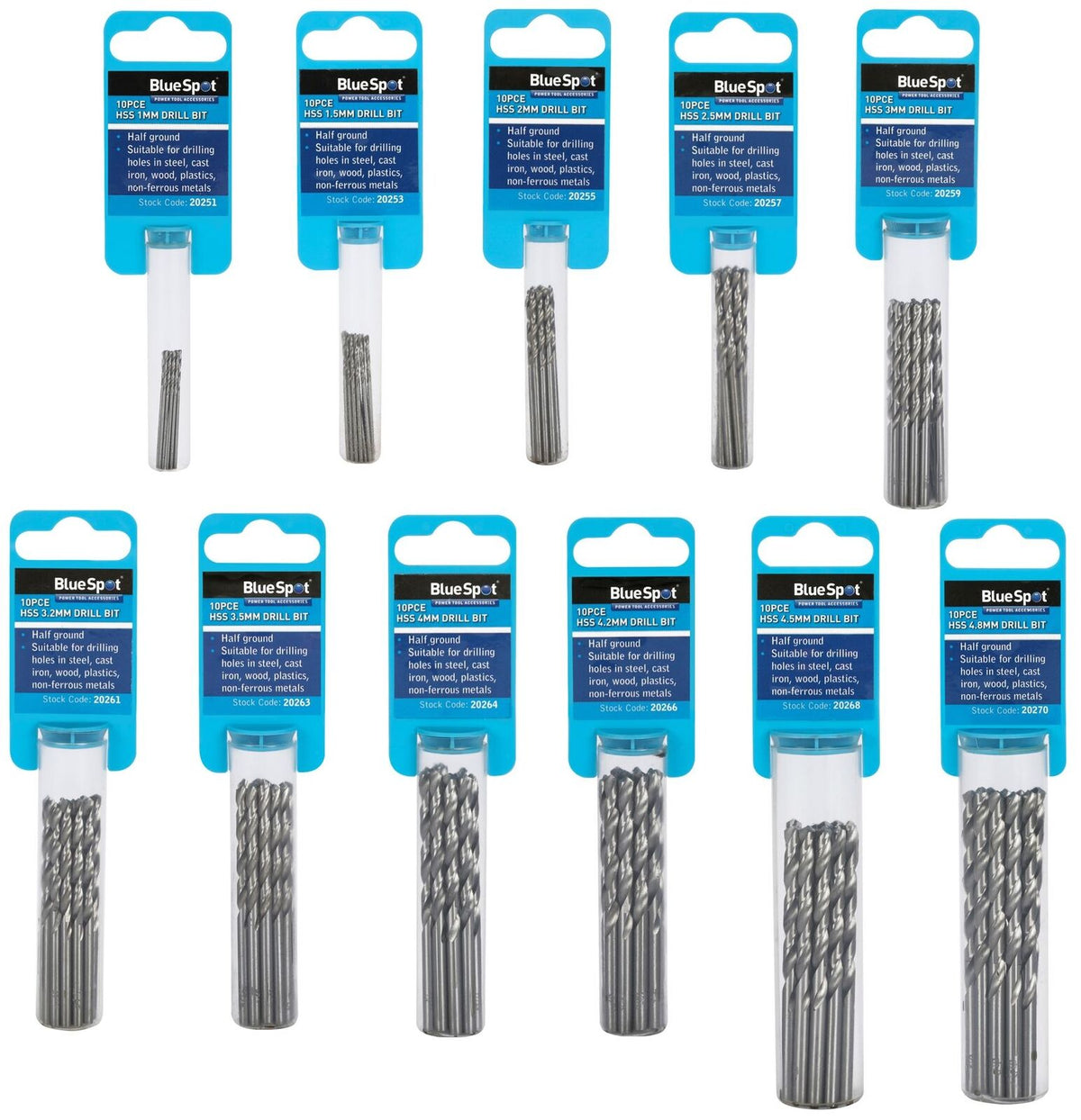 BlueSpot Metal HSS Metric Drill Bits set 10pc Packs 1 to 4.8mm for Steel & Wood