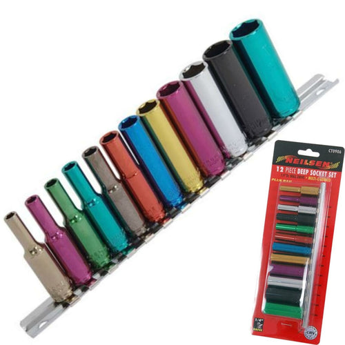 Neilsen 12pc Multi Coloured Metric Deep Socket 4mm - 13mm 6pt Set 1/4" Drive