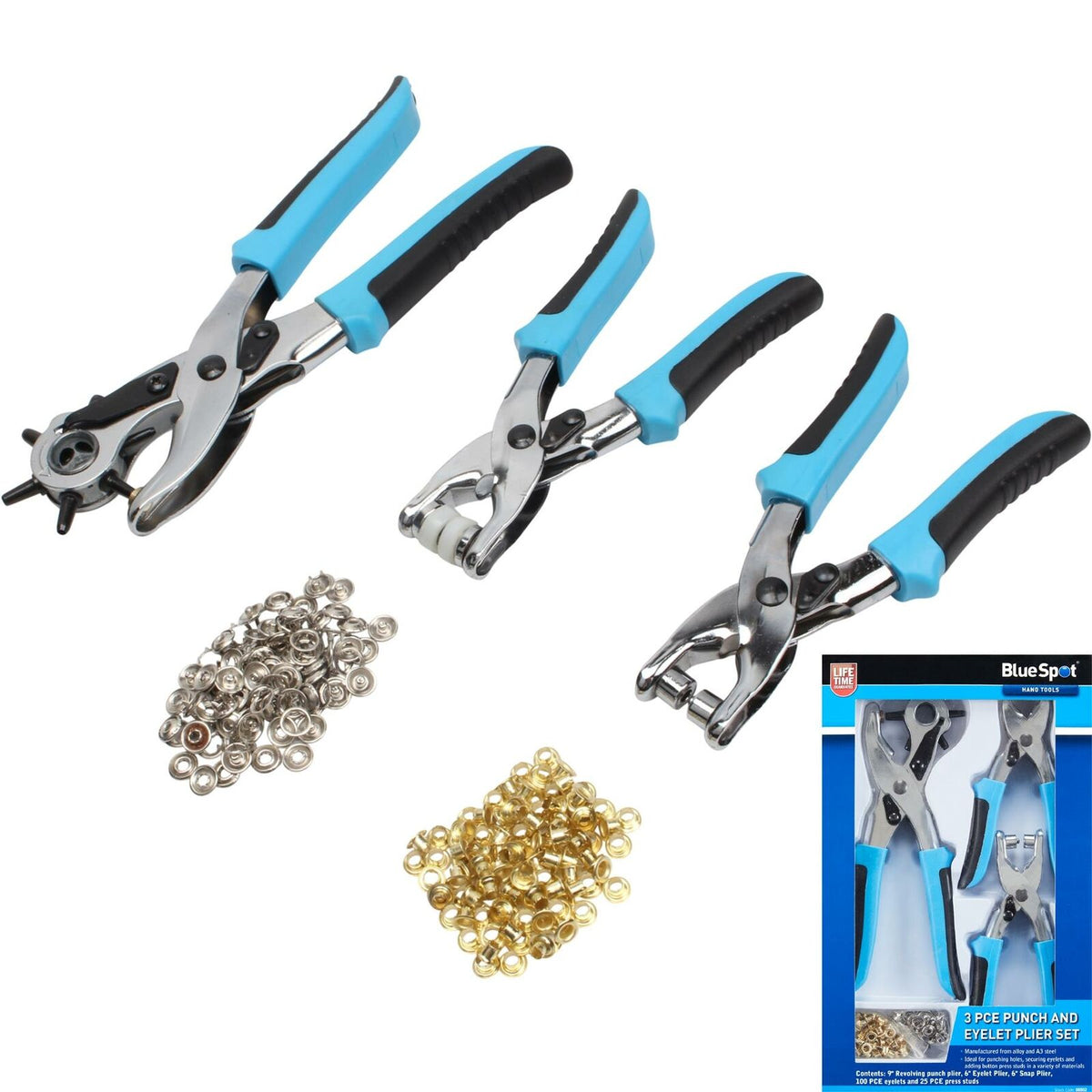 BlueSpot 3pc Revolving Leather Hole Punch And Eyelet Plier Set Puncher Belts Cut