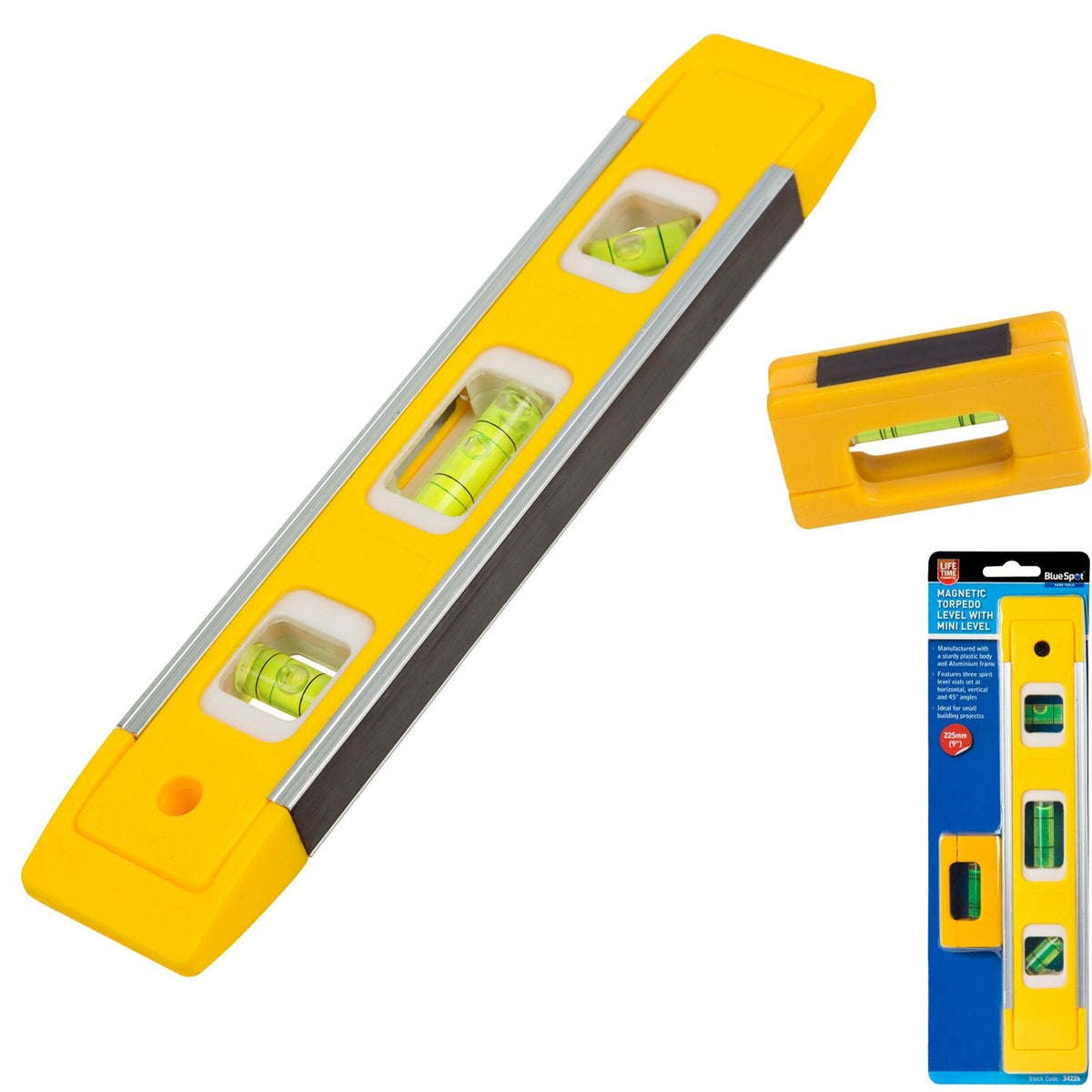 BlueSpot 2pc Magnetic Torpedo Boat Mini Spirit Level Tool 3 Vial 225mm 9"