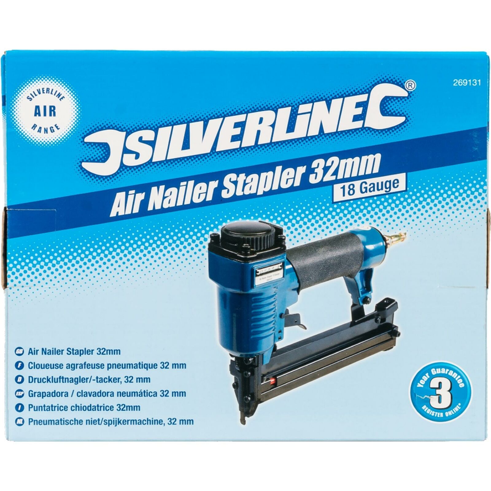 Silverline 32mm Aluminium Air Nailer Stapler Upholstery 18 Gauge Tacker Nail Gun