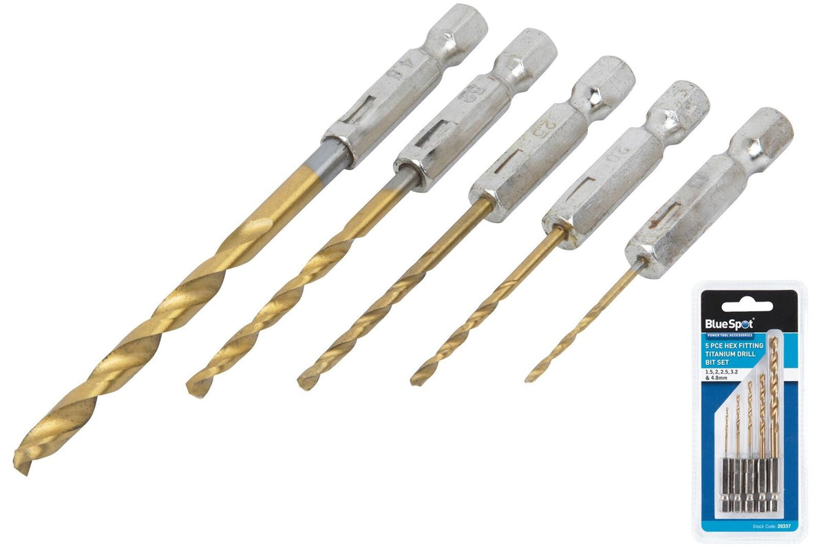 Bluespot 5pc 1/4" Hex Fitting Titanium Drill Bit Set For Metal Wood fits impact