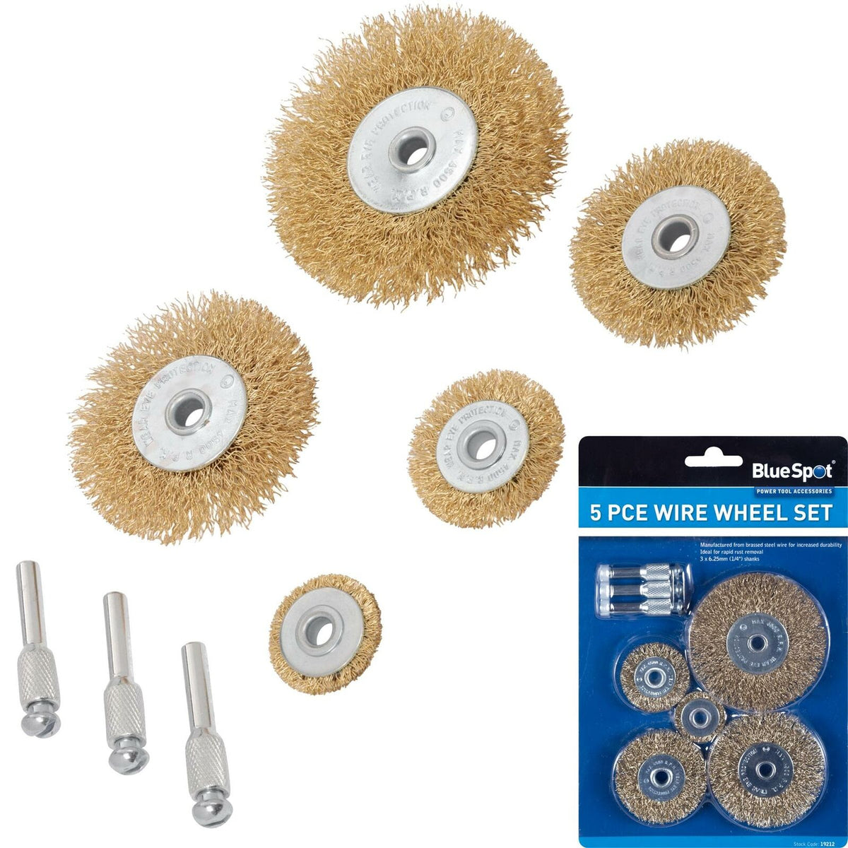 BlueSpot 5pc Wire Wheel Brass Brush Drill Metal Set Rust Paint Removal 1/4"