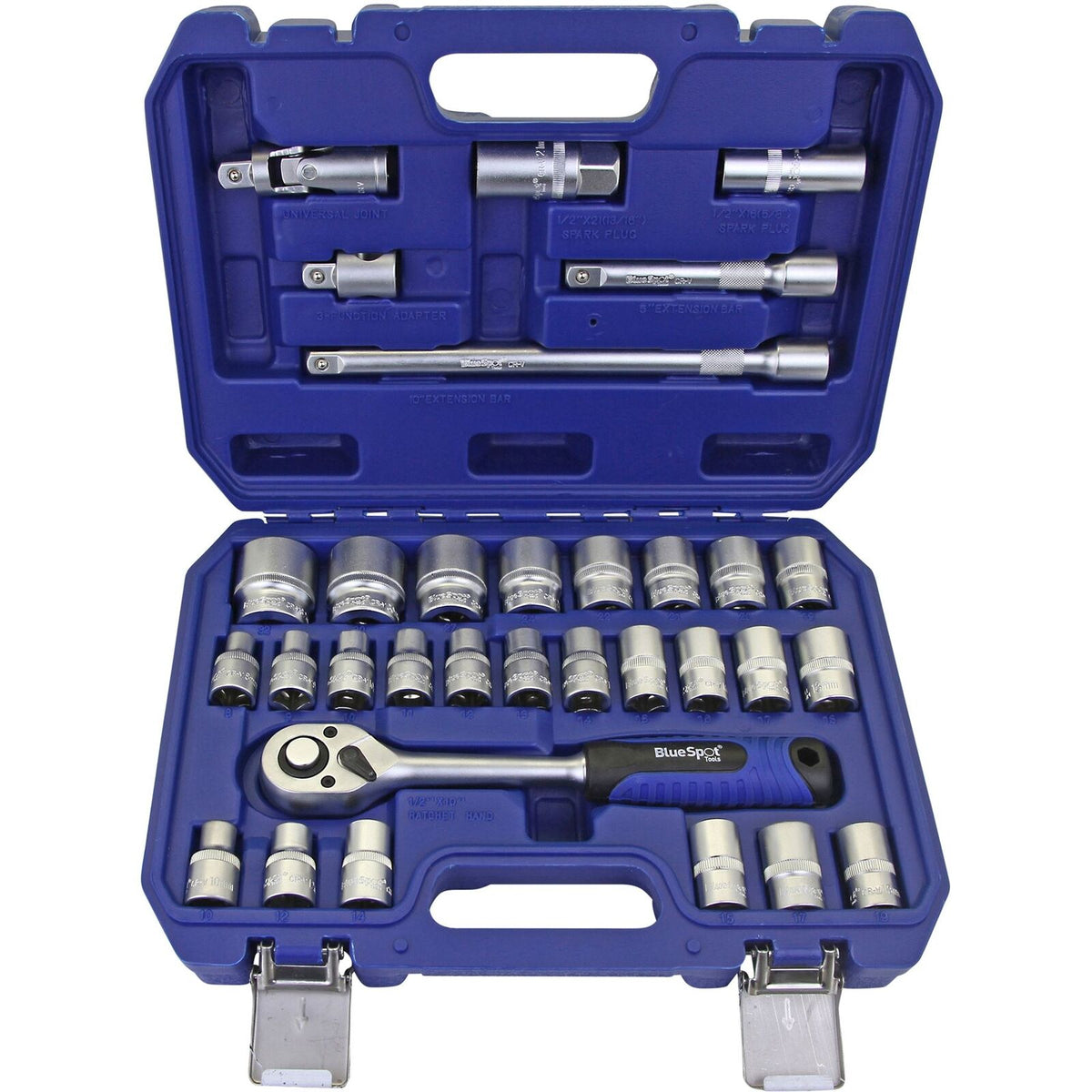 BlueSpot 32pc Metric Hex 12 Point Socket Set 1/2" Drive Ratchet Extension 8-32mm