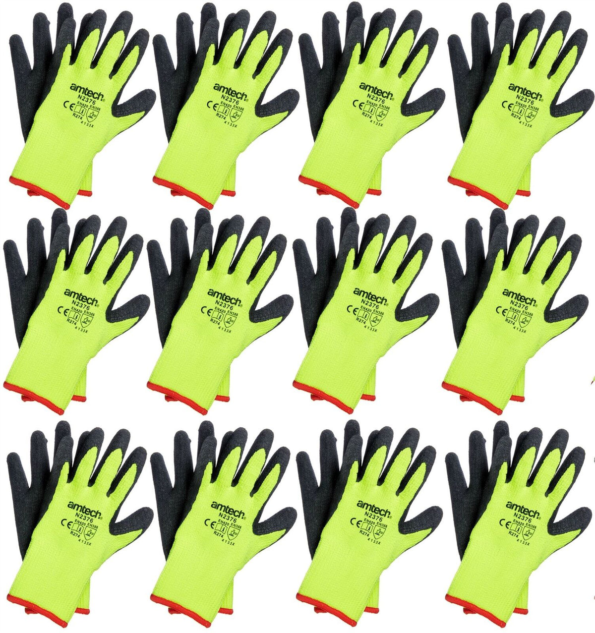 Amtech 12 Pairs Thermal Work Gloves Safety Latex Builders Winter Grip Glove