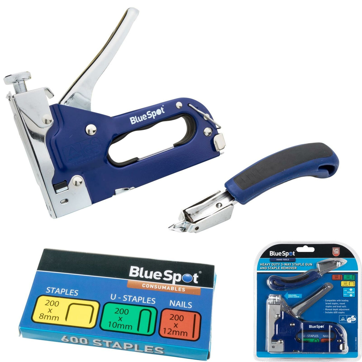 BlueSpot 3 Way Heavy Duty Staple Gun & Remover 600 Staples Adjustable Stapler