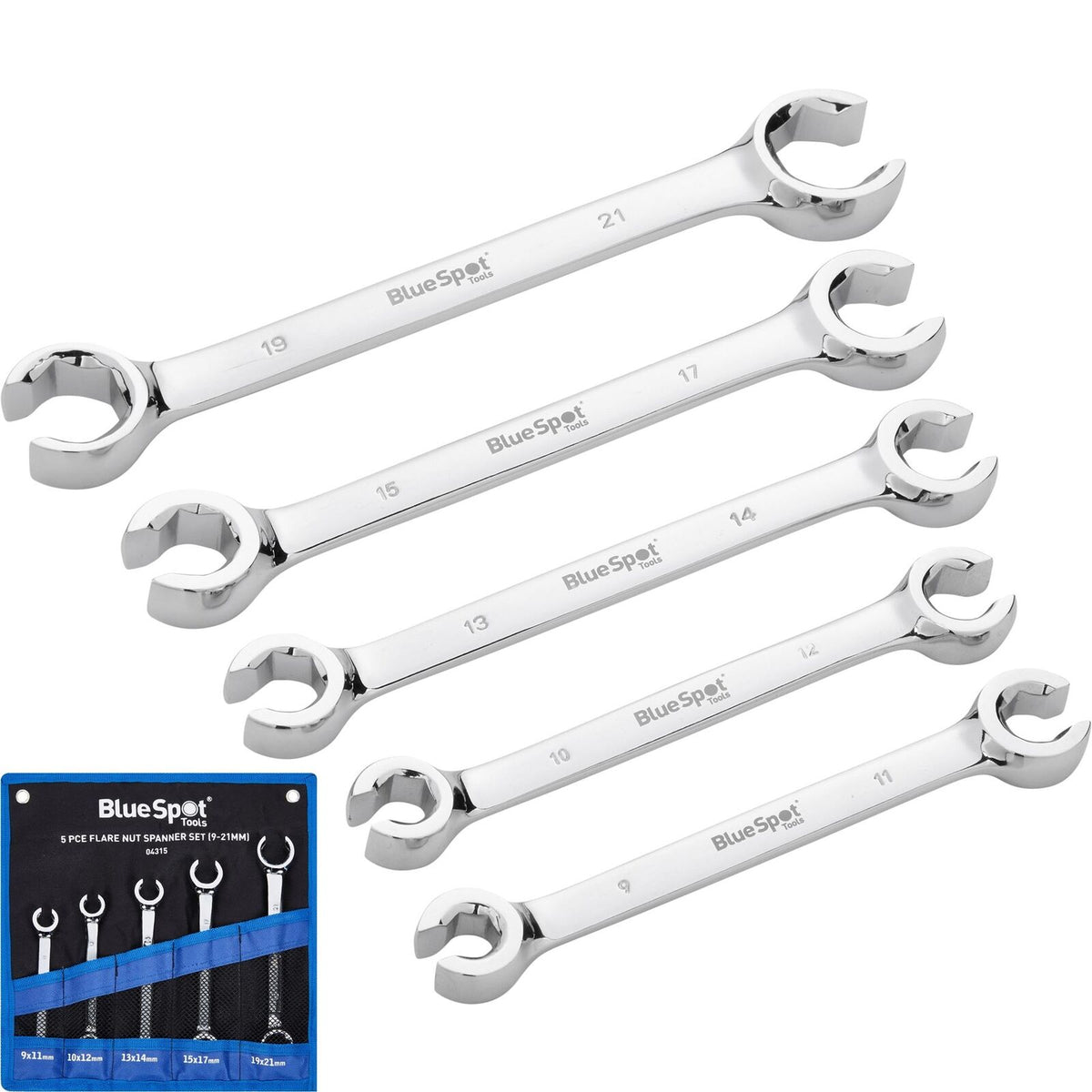 BlueSpot 5pc Flare Nut Wrench Open-Ended Brake Pipe Spanner Set 9mm - 21mm