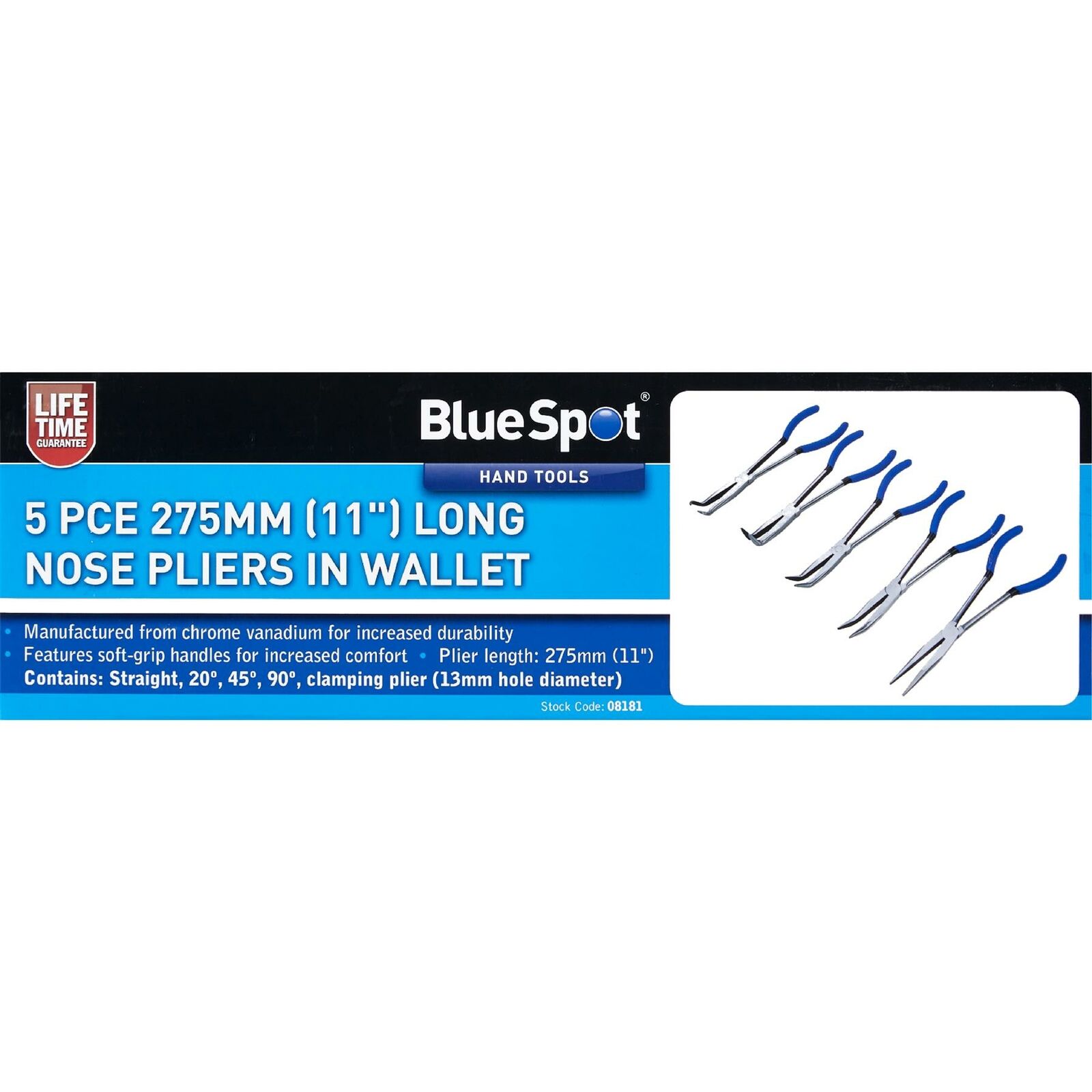 BlueSpot 5pc Extra Long Nose Pliers Set Straight Bent Nose Mole Grips Pliers 11"