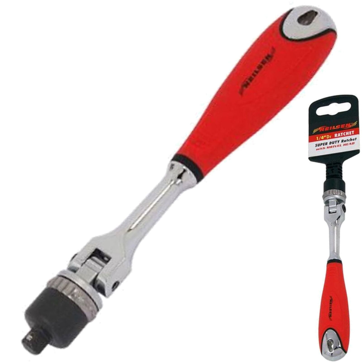 Nelsen Socket Swivel Head Ratchet Handle Soft Grip 36 Teeth 178mm 1/4" Tool