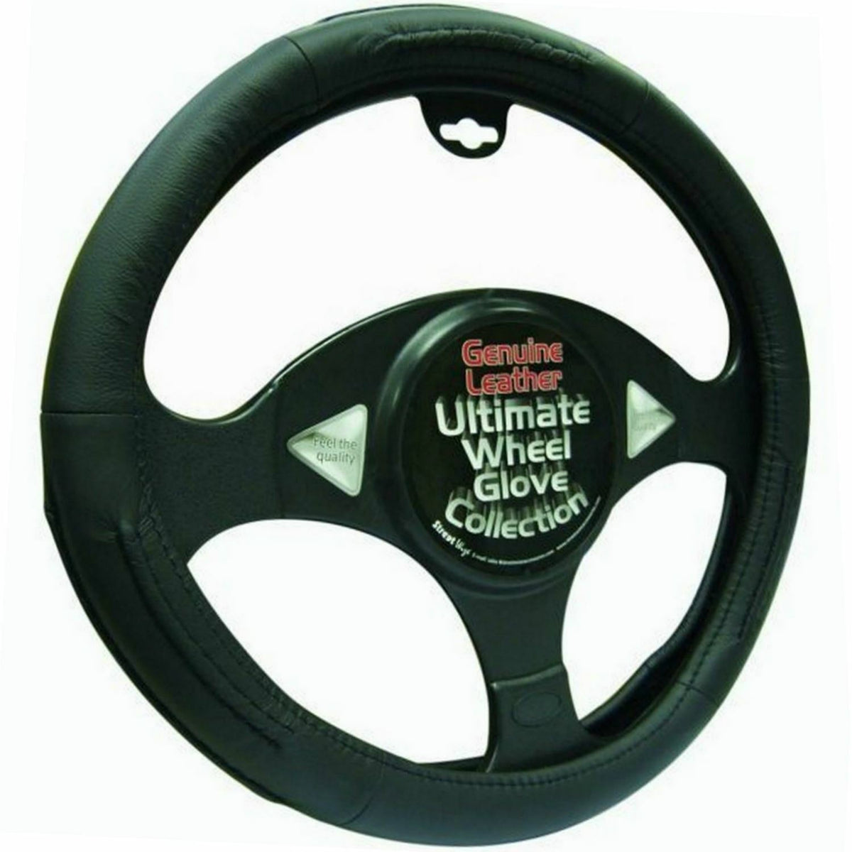 Black 100% Leather Steering Wheel Cover - Universal 37cm - 39cm