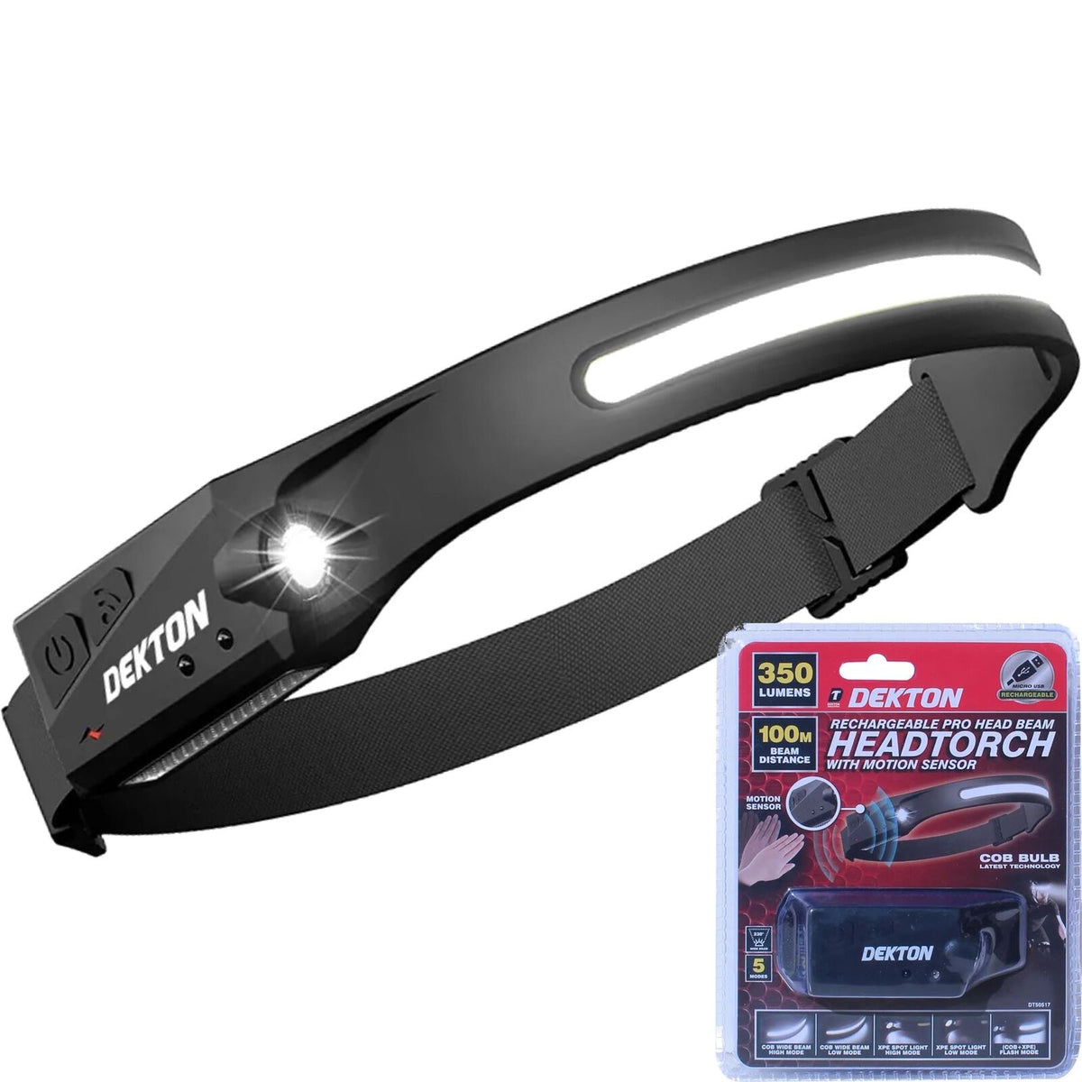 Dekton Pro Light Led Rechargeable Head Torch Headlamp With Motion Sensor