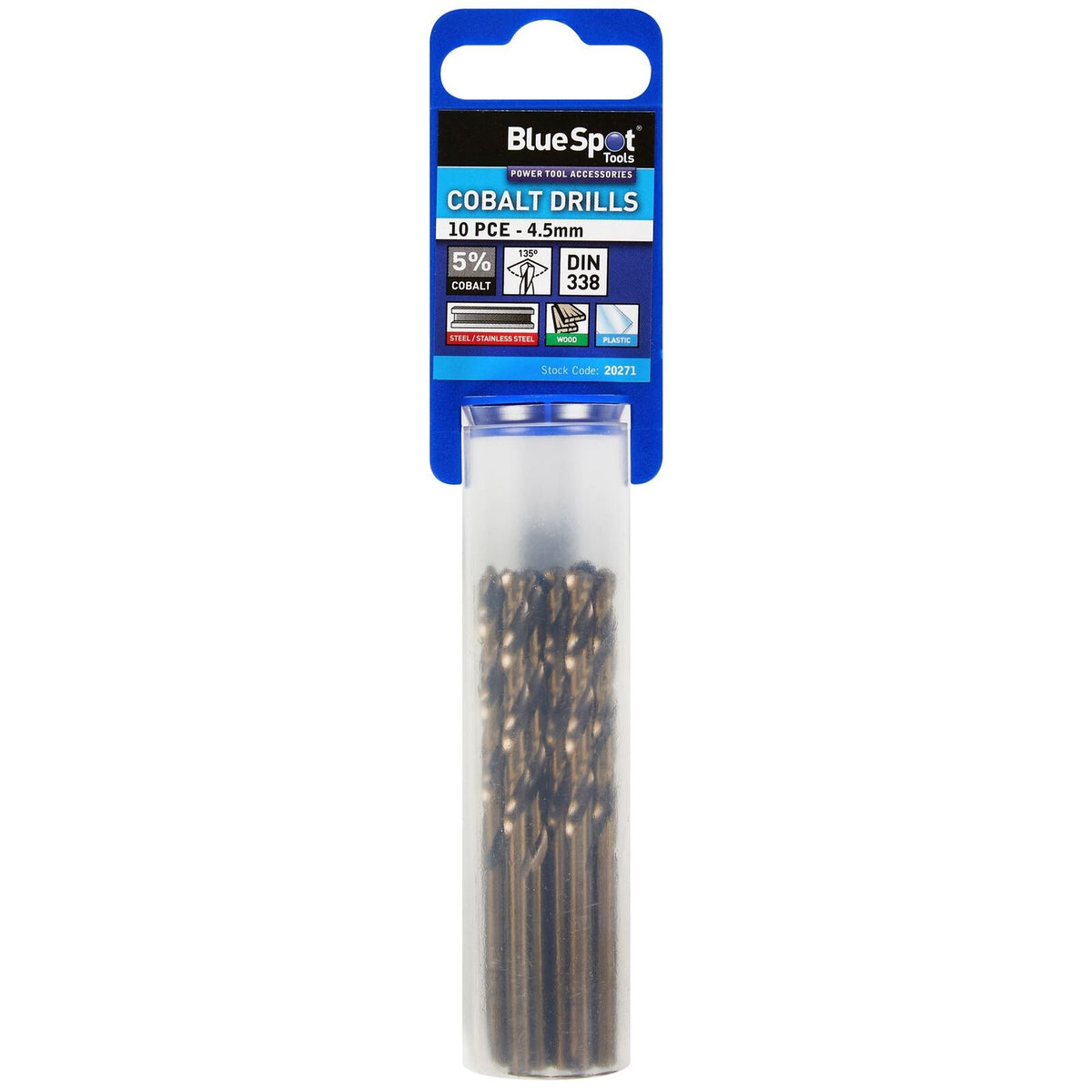 BlueSpot Metal Hss Cobalt Drill Bits Set 10pc 4.5mm For Steel Wood Plastic