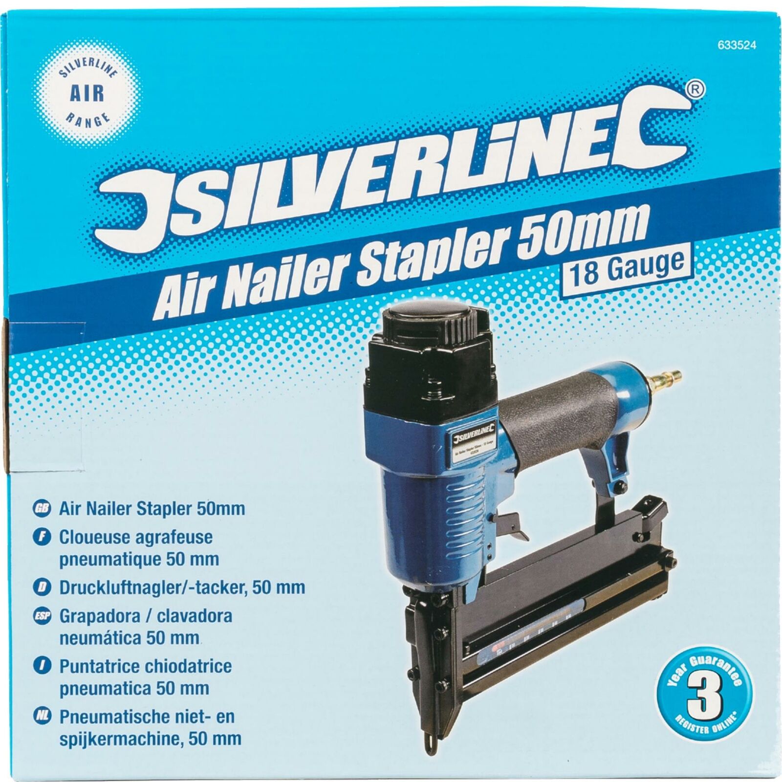 Silverline 50mm Aluminium Air Nailer Stapler Upholstery 18 Gauge Tacker Nail Gun