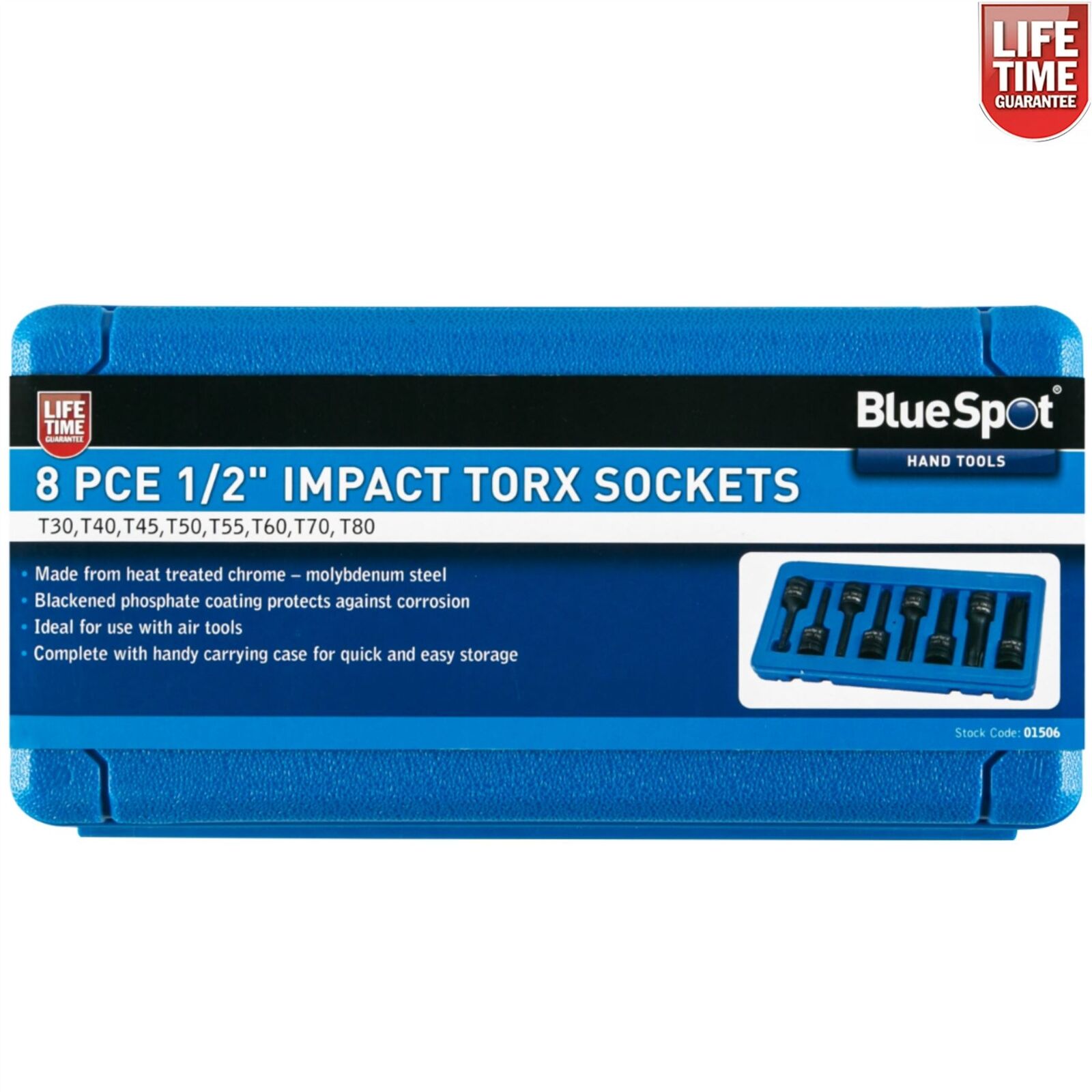 BlueSpot 8pc Impact Torx Bit 1/2" Drive Socket Set T30 - T80 01506