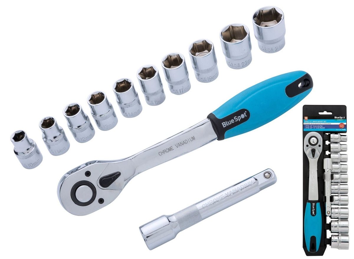 Bluespot 12 Pc Metric Socket 1/2" Drive Ratchet Extention Bar Set 10mm to 24mm